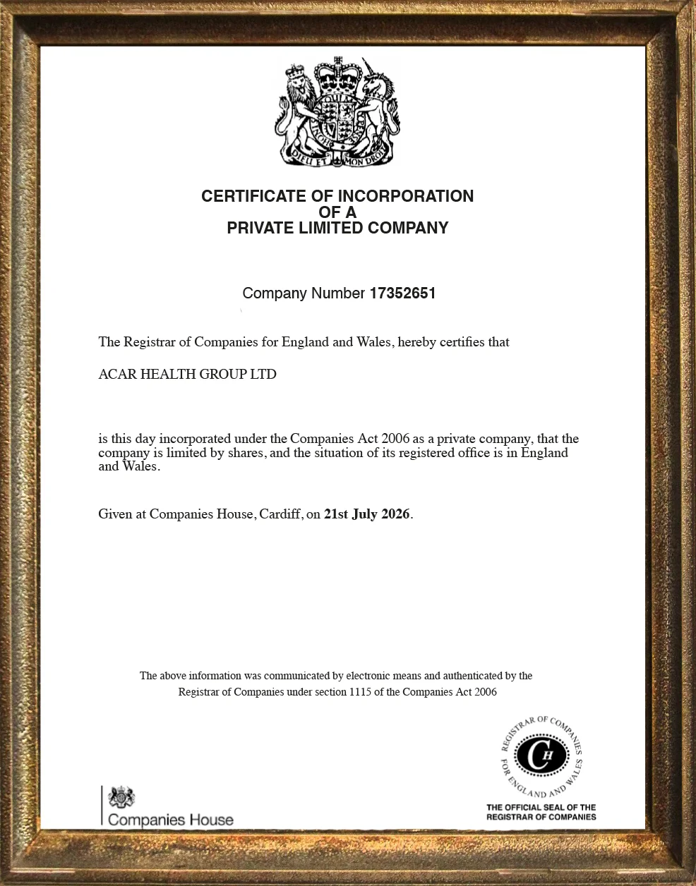 ACAR Health Group Ltd - UK Certificate of Incorporation, Companies House